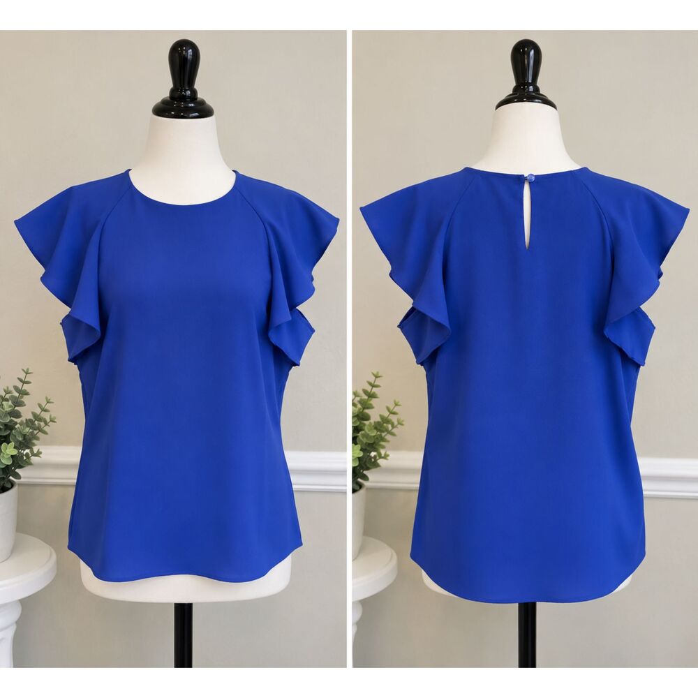 Women’s Royal Blue Ruffle Flutter Sleeve Blouse Top Size M Keyhole Back
